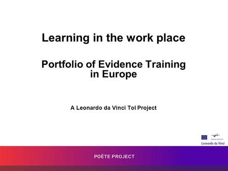 Learning in the work place Portfolio of Evidence Training in Europe A Leonardo da Vinci ToI Project.