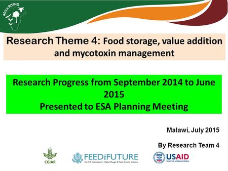 Research Theme 4: Food storage, value addition and mycotoxin management Research Progress from September 2014 to June 2015 Presented to ESA Planning Meeting.