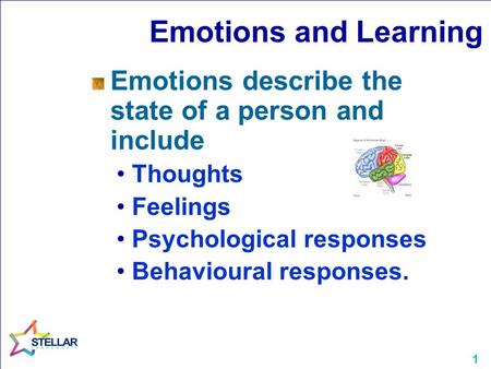 1 Emotions and Learning Emotions describe the state of a person and include Thoughts Feelings Psychological responses Behavioural responses.