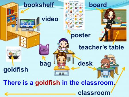 bookshelf board video poster teacher’s table bag desk goldfish