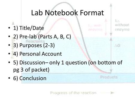 Lab Notebook Format 1) Title/Date 2) Pre-lab (Parts A, B, C) 3) Purposes (2-3) 4) Personal Account 5) Discussion– only 1 question (on bottom of pg 3 of.