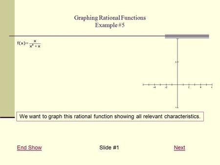 Graphing Rational Functions Example #5 End ShowEnd ShowSlide #1 NextNext We want to graph this rational function showing all relevant characteristics.