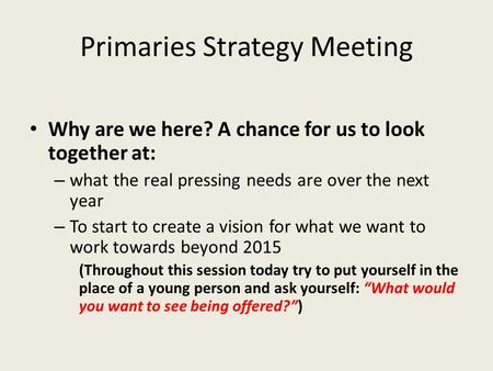 Primaries Strategy Meeting Why are we here? A chance for us to look together at: – what the real pressing needs are over the next year – To start to create.