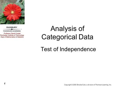 1 Copyright © 2005 Brooks/Cole, a division of Thomson Learning, Inc. Analysis of Categorical Data Test of Independence.