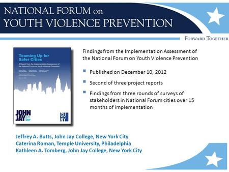 Findings from the Implementation Assessment of the National Forum on Youth Violence Prevention  Published on December 10, 2012  Second of three project.