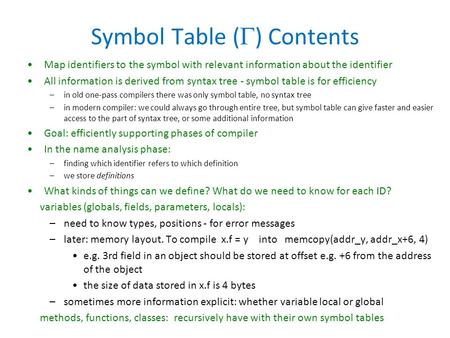Symbol Table (  ) Contents Map identifiers to the symbol with relevant information about the identifier All information is derived from syntax tree -