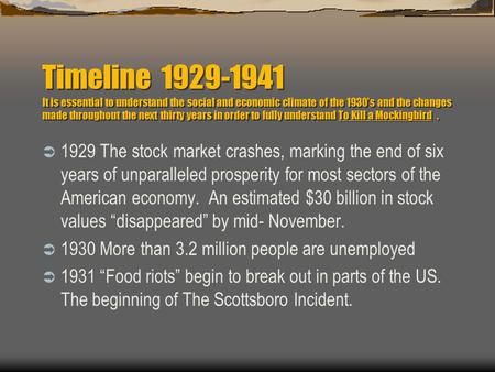 Timeline 1929-1941 It is essential to understand the social and economic climate of the 1930’s and the changes made throughout the next thirty years in.