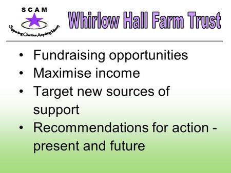 Fundraising opportunities Maximise income Target new sources of support Recommendations for action - present and future.