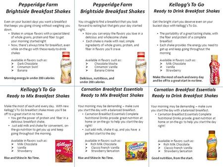 Pepperidge Farm Brightside Breakfast Shakes Even on your busiest days you want a breakfast that keeps you going strong without weighing you down. Shakes.