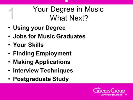 1 Your Degree in Music What Next? Using your Degree Jobs for Music Graduates Your Skills Finding Employment Making Applications Interview Techniques Postgraduate.