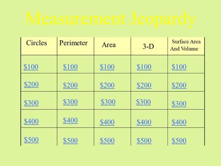 Measurement Jeopardy CirclesPerimeter Area 3-D Surface Area And Volume $100 $200 $300 $400 $500 $100 $200 $300 $400 $500.