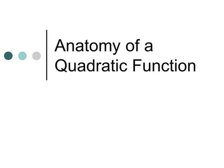 Anatomy of a Quadratic Function. Quadratic Form Any function that can be written in the form Ax 2 +Bx+C where a is not equal to zero. You have already.