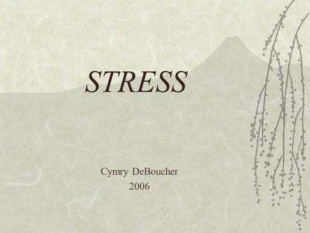 STRESS Cymry DeBoucher 2006. Environment  Schedules  Demands  Traffic  Money  Relationships  Employment  Threats and Dangers.
