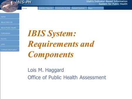 IBIS System: Requirements and Components Lois M. Haggard Office of Public Health Assessment.