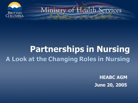 Partnerships in Nursing A Look at the Changing Roles in Nursing June 20, 2005 HEABC AGM.