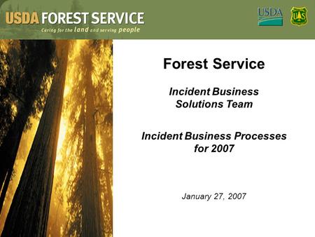 Forest Service Incident Business Solutions Team Incident Business Processes for 2007 January 27, 2007.