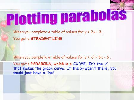Plotting parabolas When you complete a table of values for y = 2x – 3 , You get a STRAIGHT LINE When you complete a table of values for y = x2 + 5x – 6.