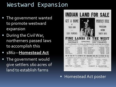 Westward Expansion  The government wanted to promote westward expansion  During the Civil War, northerners passed laws to accomplish this  1862—Homestead.