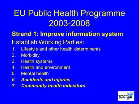 EU Public Health Programme 2003-2008 Strand 1: Improve information system Establish Working Parties: 1.Lifestyle and other health determinants 2.Morbidity.
