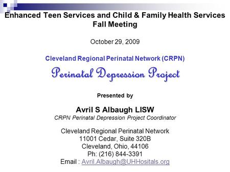 Perinatal Depression Project Enhanced Teen Services and Child & Family Health Services Fall Meeting October 29, 2009 Cleveland Regional Perinatal Network.