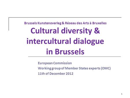 Brussels Kunstenoverleg & Réseau des Arts à Bruxelles Cultural diversity & intercultural dialogue in Brussels European Commission Working group of Member.