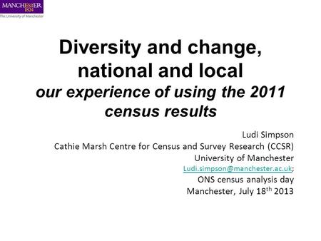 Diversity and change, national and local our experience of using the 2011 census results Ludi Simpson Cathie Marsh Centre for Census and Survey Research.