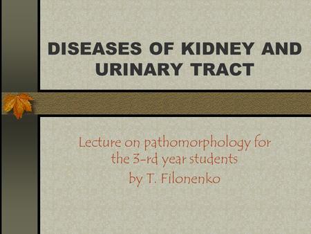 DISEASES OF KIDNEY AND URINARY TRACT Lecture on pathomorphology for the 3-rd year students by T. Filonenko.
