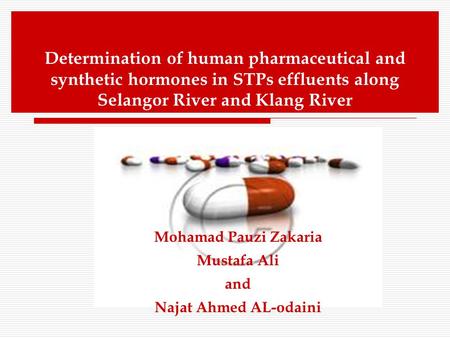 Determination of human pharmaceutical and synthetic hormones in STPs effluents along Selangor River and Klang River Mohamad Pauzi Zakaria Mustafa Ali and.