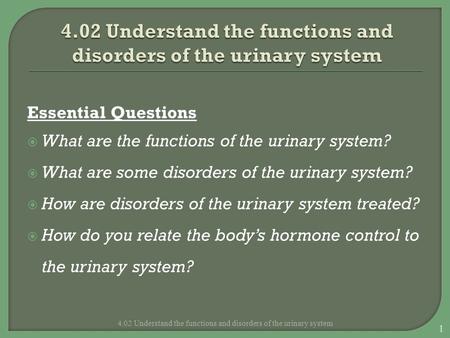 Essential Questions  What are the functions of the urinary system?  What are some disorders of the urinary system?  How are disorders of the urinary.