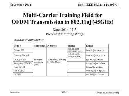 Doc.: IEEE 802.11-14/1399r0 Submission November 2014 Multi-Carrier Training Field for OFDM Transmission in 802.11aj (45GHz) Authors/contributors: Date: