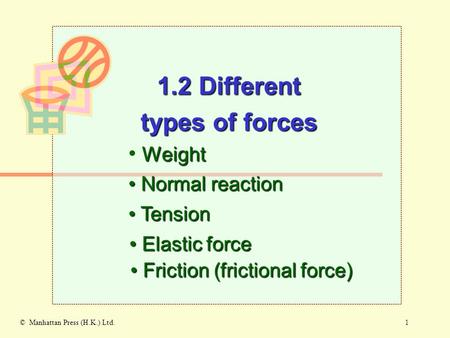 1© Manhattan Press (H.K.) Ltd. Weight Normal reaction Normal reaction 1.2 Different types of forces Tension Tension Elastic force Elastic force Friction.