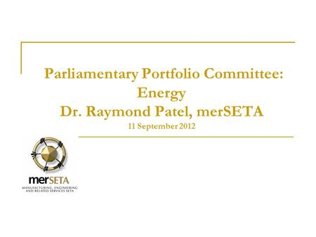 Parliamentary Portfolio Committee: Energy Dr. Raymond Patel, merSETA 11 September 2012.