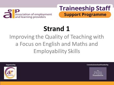 Strand 1 Improving the Quality of Teaching with a Focus on English and Maths and Employability Skills Commissioned and funded byOrganised by.
