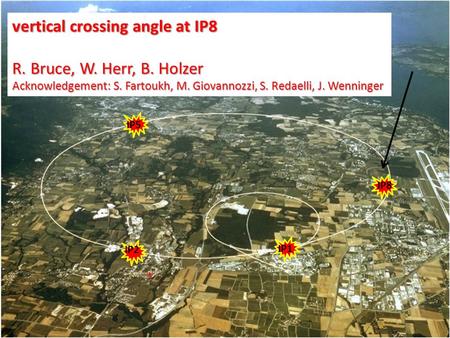 * IP5 IP1 IP2 IP8 vertical crossing angle at IP8 R. Bruce, W. Herr, B. Holzer Acknowledgement: S. Fartoukh, M. Giovannozzi, S. Redaelli, J. Wenninger.
