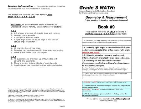 Geometry & Measurement (right angles, triangles, and quadrilaterals) Page 11 Grade 3 MATH: Oregon Department of Education Standards for Practice or Progress.