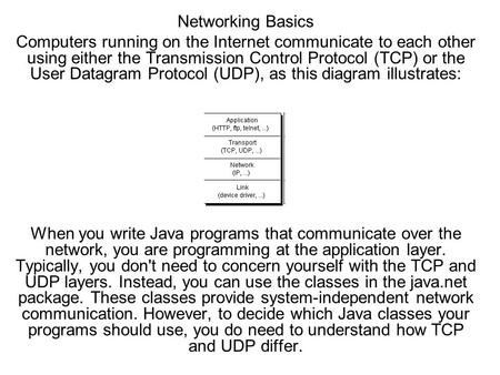 Networking Basics Computers running on the Internet communicate to each other using either the Transmission Control Protocol (TCP) or the User Datagram.
