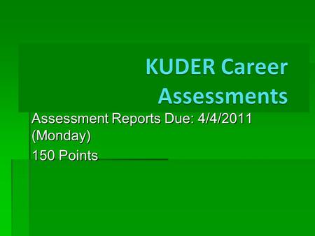 Assessment Reports Due: 4/4/2011 (Monday) 150 Points.