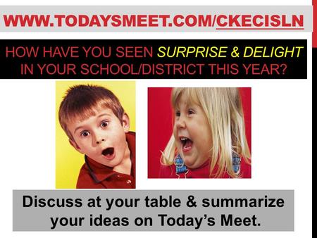 SURPRISE & DELIGHT HOW HAVE YOU SEEN SURPRISE & DELIGHT IN YOUR SCHOOL/DISTRICT THIS YEAR? Discuss at your table & summarize your ideas on Today’s Meet.