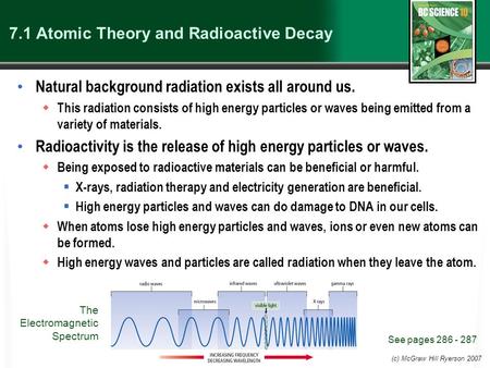 (c) McGraw Hill Ryerson 2007 7.1 Atomic Theory and Radioactive Decay Natural background radiation exists all around us.  This radiation consists of high.