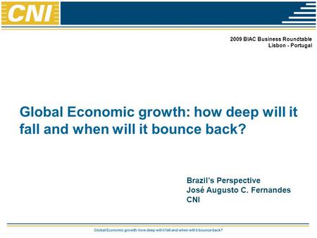Global Economic growth: how deep will it fall and when will it bounce back? 2009 BIAC Business Roundtable Lisbon - Portugal Brazil’s Perspective José Augusto.