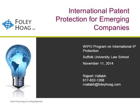 © 2014 Foley Hoag LLP. All Rights Reserved. International Patent Protection for Emerging Companies WIPO Program on International IP Protection Suffolk.