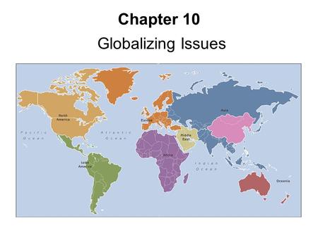 Chapter 10 Globalizing Issues. New concerns at international level Involves multiple actors -- states, IGOs, NGOs, MNCs, transnational movements, individuals,