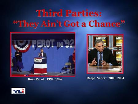 Third Parties : “They Ain’t Got a Chance” Ross Perot: 1992, 1996 Ralph Nader: 2000, 2004.