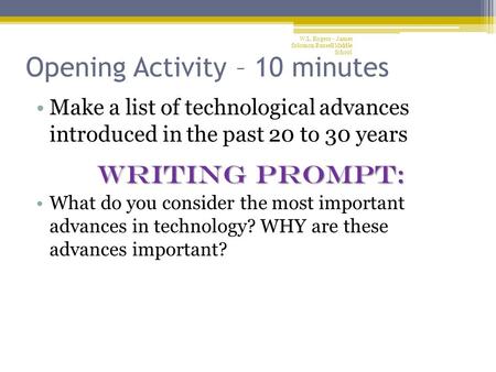 Opening Activity – 10 minutes Make a list of technological advances introduced in the past 20 to 30 years WRITING PROMPT: What do you consider the most.