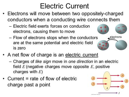 Electric Current Electrons will move between two oppositely-charged conductors when a conducting wire connects them Electric field exerts forces on conduction.