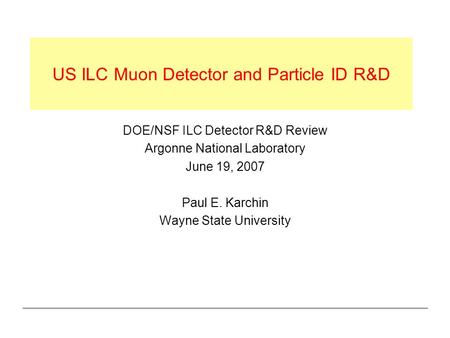 US ILC Muon Detector and Particle ID R&D DOE/NSF ILC Detector R&D Review Argonne National Laboratory June 19, 2007 Paul E. Karchin Wayne State University.