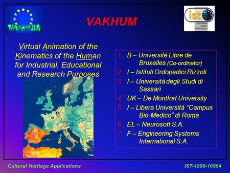 IST-1999-10954Cultural Heritage Applications VAKHUM Virtual Animation of the Kinematics of the Human for Industrial, Educational and Research Purposes.