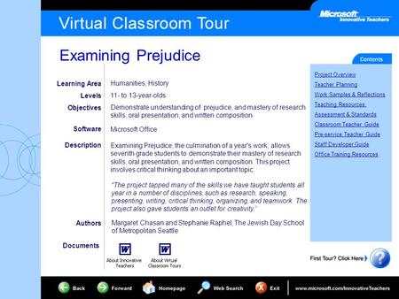 Examining Prejudice Project Overview Teacher Planning Work Samples & Reflections Teaching Resources Assessment & Standards Classroom Teacher Guide Pre-service.
