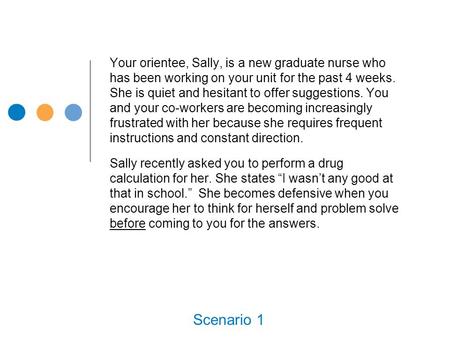 Your orientee, Sally, is a new graduate nurse who has been working on your unit for the past 4 weeks. She is quiet and hesitant to offer suggestions. You.