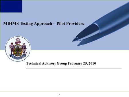 1 1 Maine MeCMS Project Technical Advisory Group February 25, 2010 MIHMS Testing Approach – Pilot Providers.